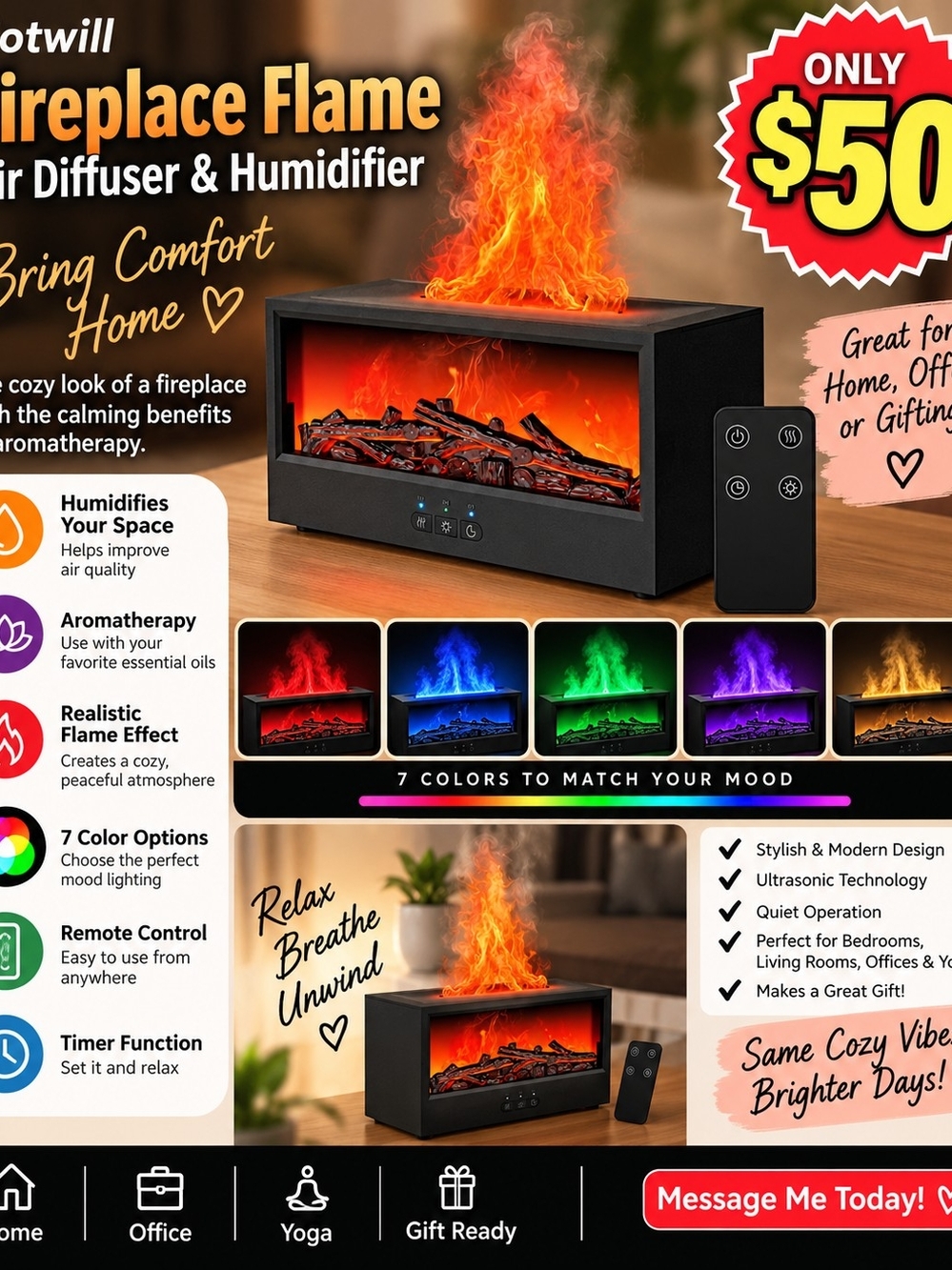 Fireplace Flame Air Diffuser & Humidifier - Black
